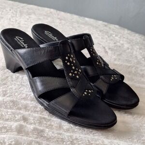 Clarks Bendables Leather Studded Kitten Heel Slip-on Sandals Womens 10 Black